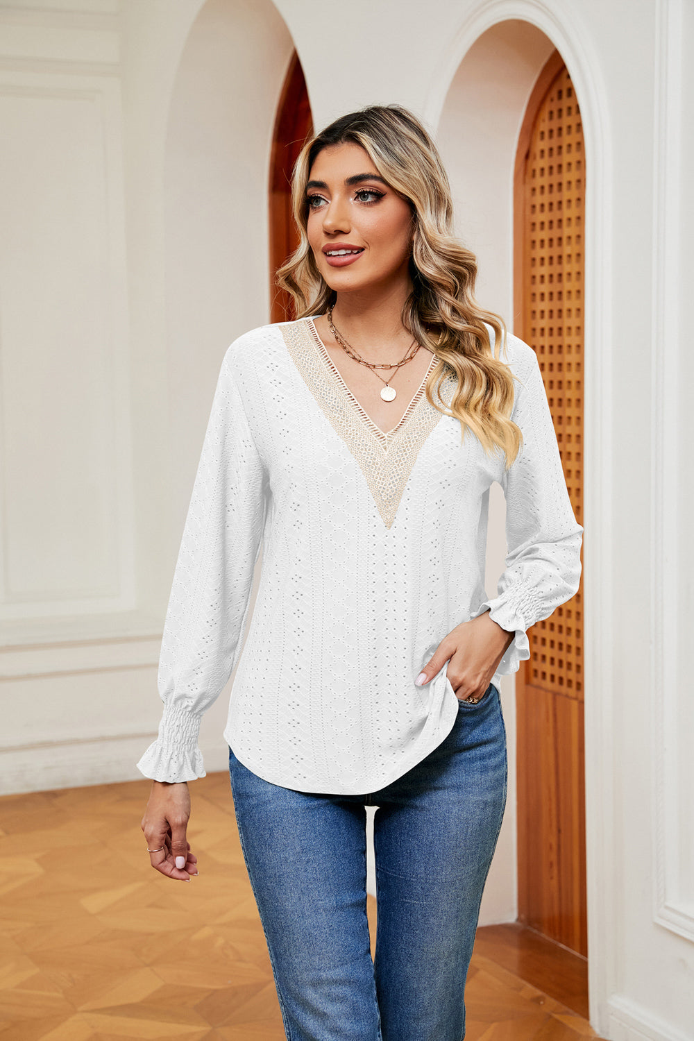Contrast Flounce Sleeve Blouse in White