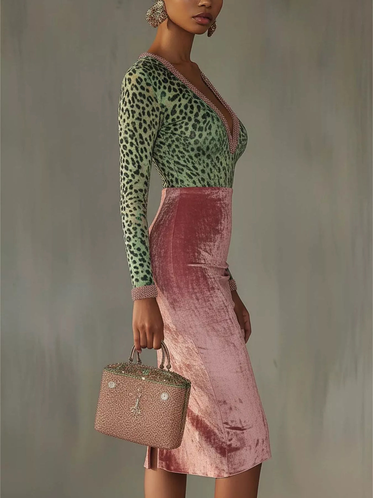 Velvet Leopard Long-Sleeve Midi Dress - Lilixa.store