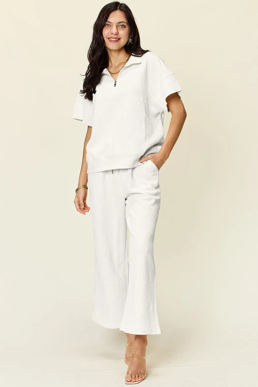 Double Take Full Size Texture Half Zip Short Sleeve Top and Pants Set in White