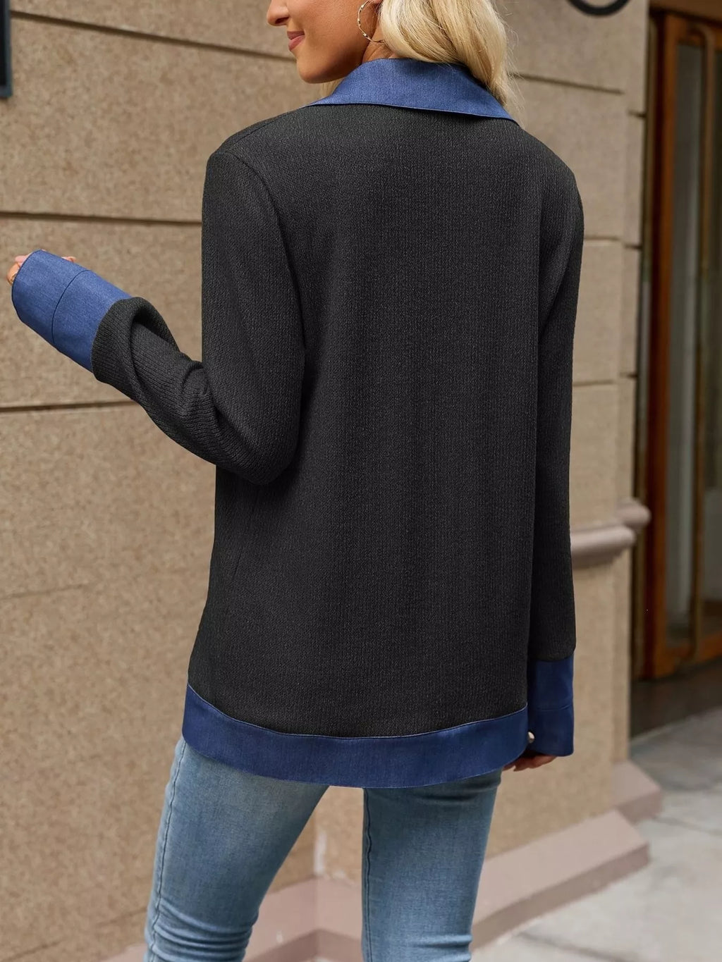Contrast Denim Lapel Collar Outerwear - Lilixa.store