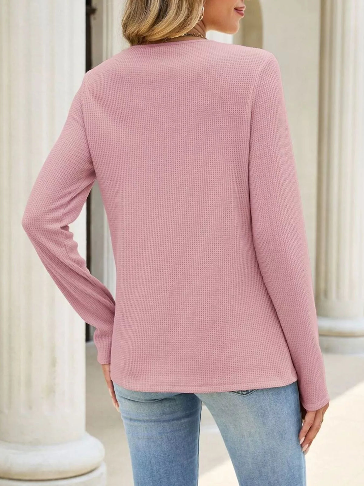 Lace Panel Waffle Knit Long Sleeve T-Shirt