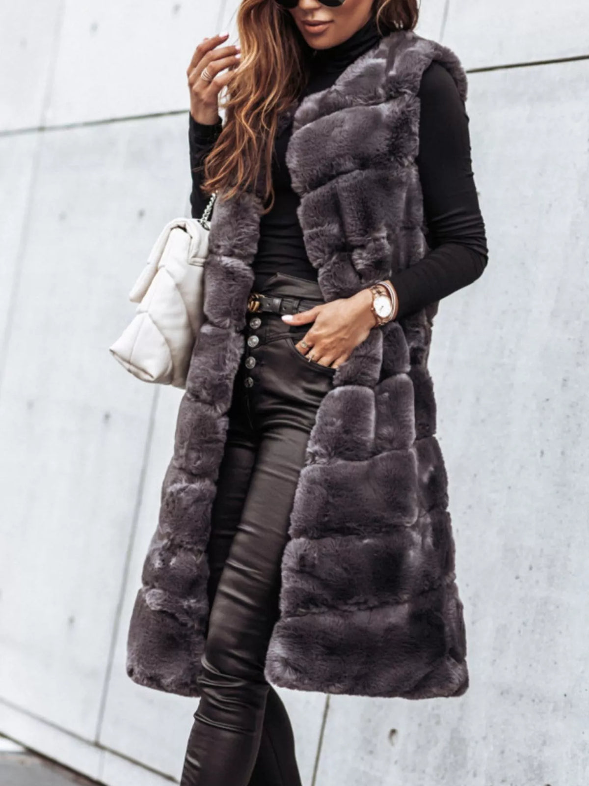 Faux Fur Longline Vest Coat in Gray
