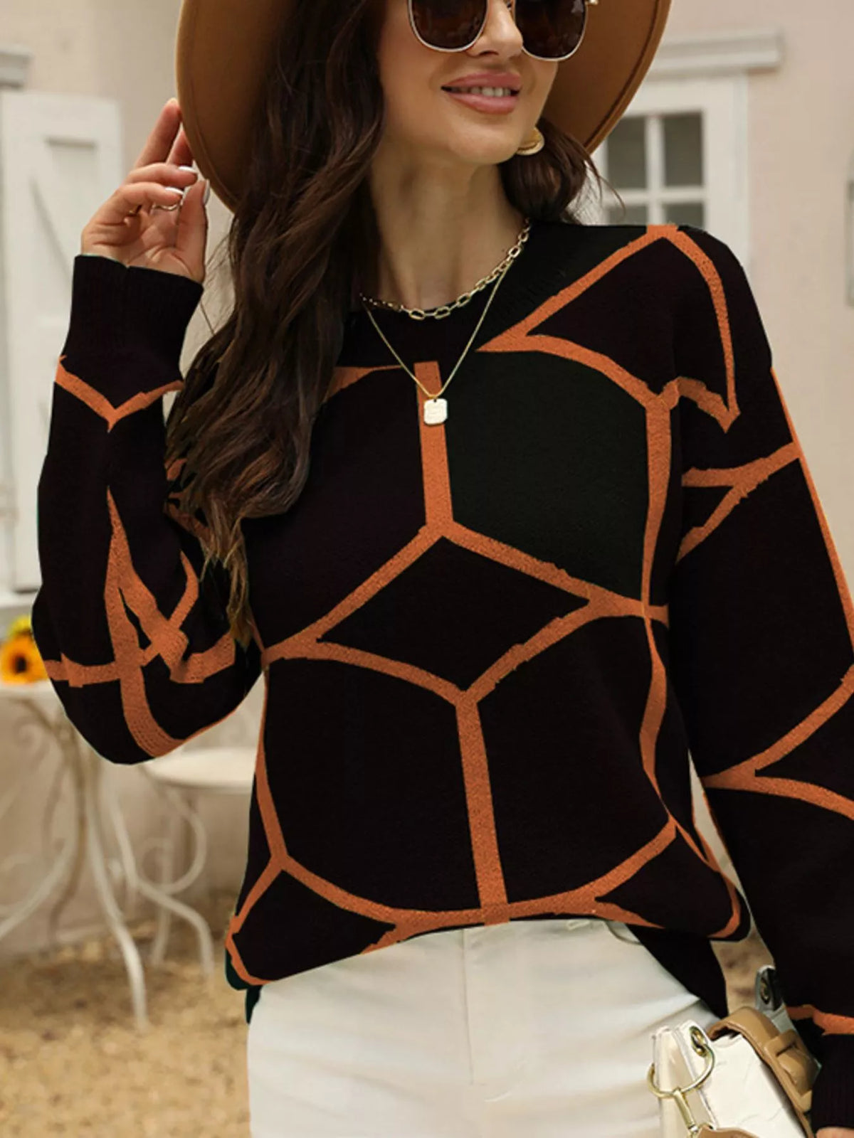 Geometric Pattern Crew Neck Sweater - Lilixa.store