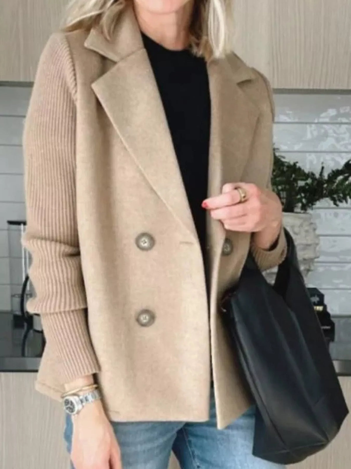 Full Size Knitted Sleeve Wool Blend Double-Breasted Blazer Plus Size - Lilixa.store
