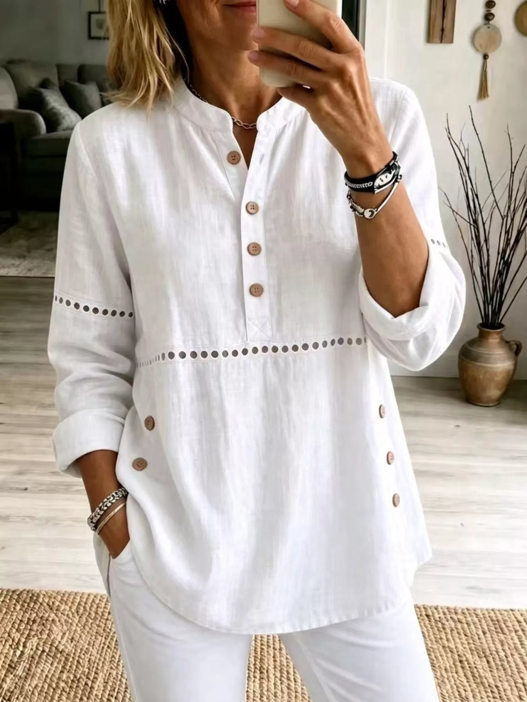 Full Size Button Detail Eyelet Long Sleeve Blouse Plus Size - Lilixa.store