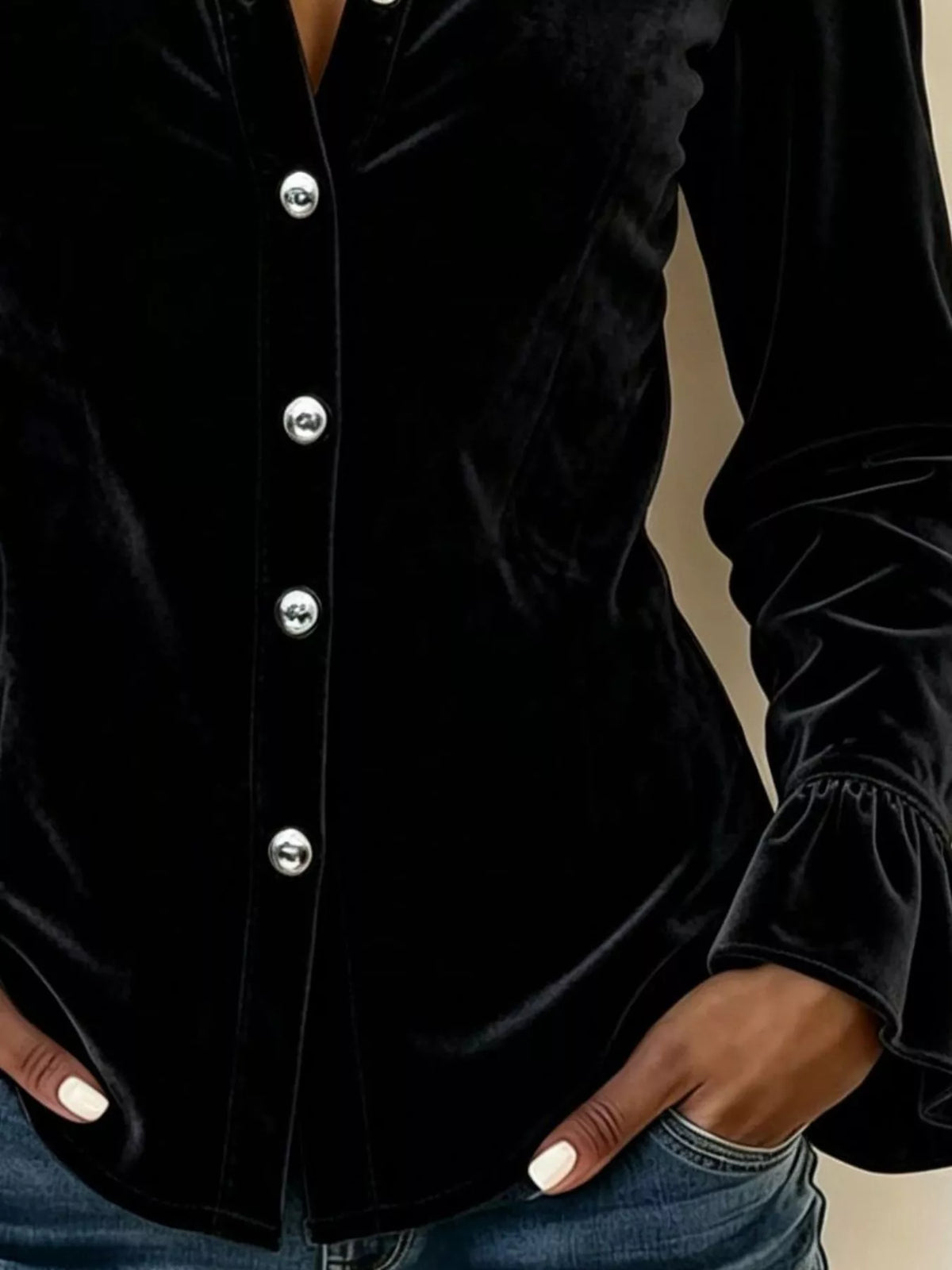 Full Size Button Up Flounce Sleeve Shirt Plus Size, view 4