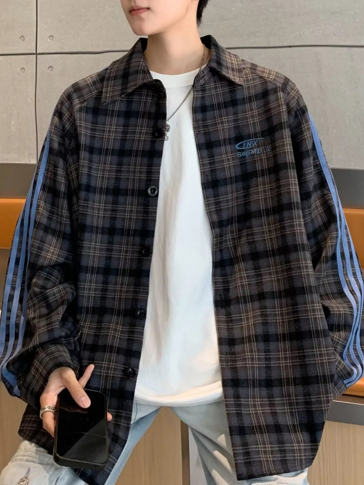 Men's Plus Size Plaid Casual Long Sleeve Shirt in Black
