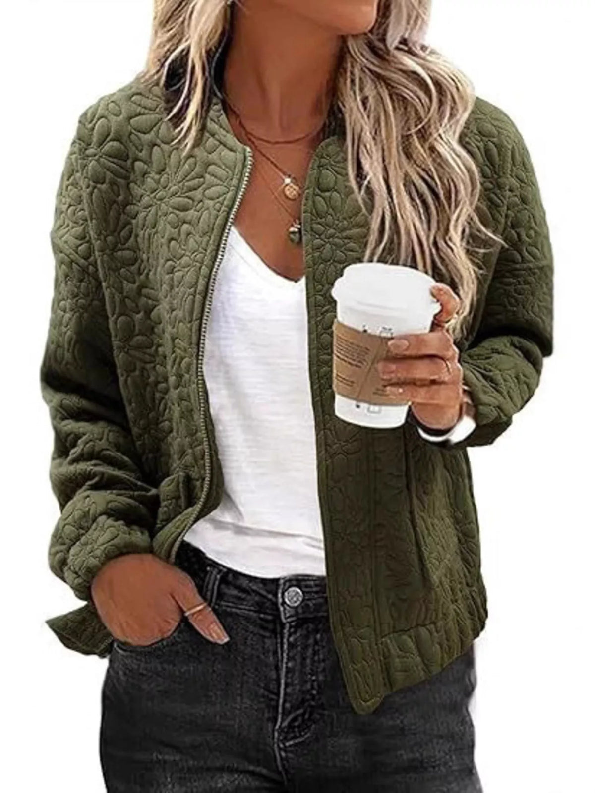 Floral Quilted Zip Up Jacket in Military Green