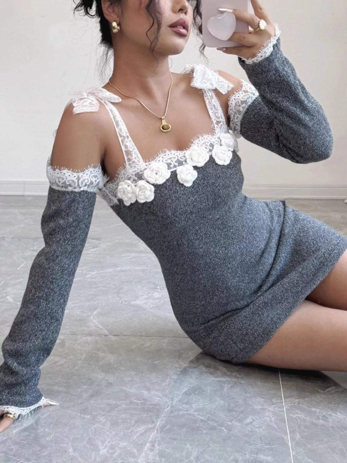 Elegant Crochet Off-Shoulder Lace Trimmed Knit Dress with Detachable Sleeves in Gray, view 4