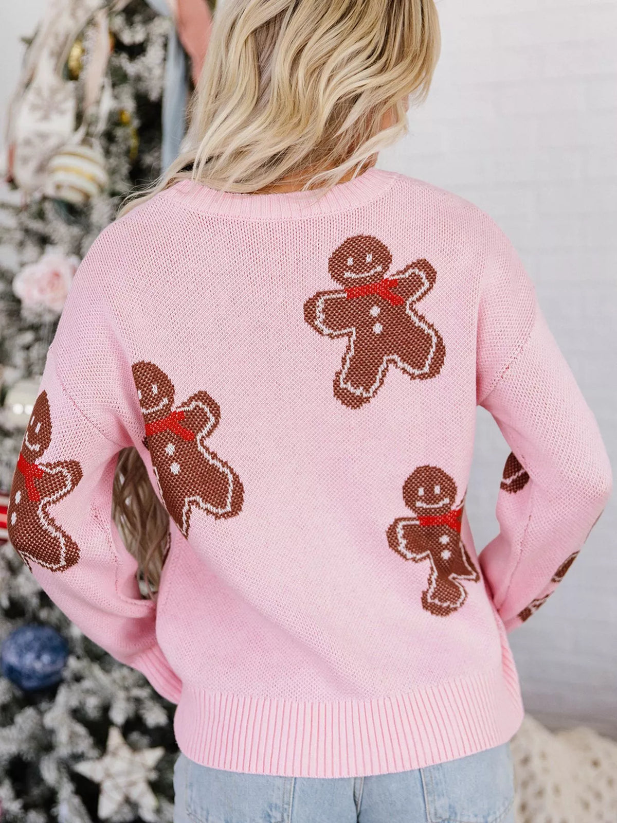 Gingerbread Pattern Round Neck Long Sleeve Shift Sweater - Lilixa.store