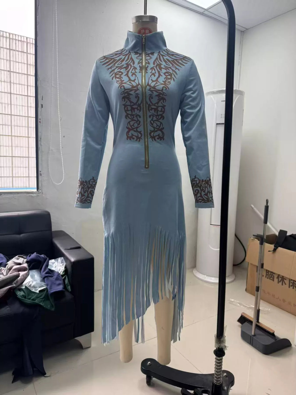 Full Size Embroidered Fringed Zip Front Maxi Dress Plus Size - Lilixa.store