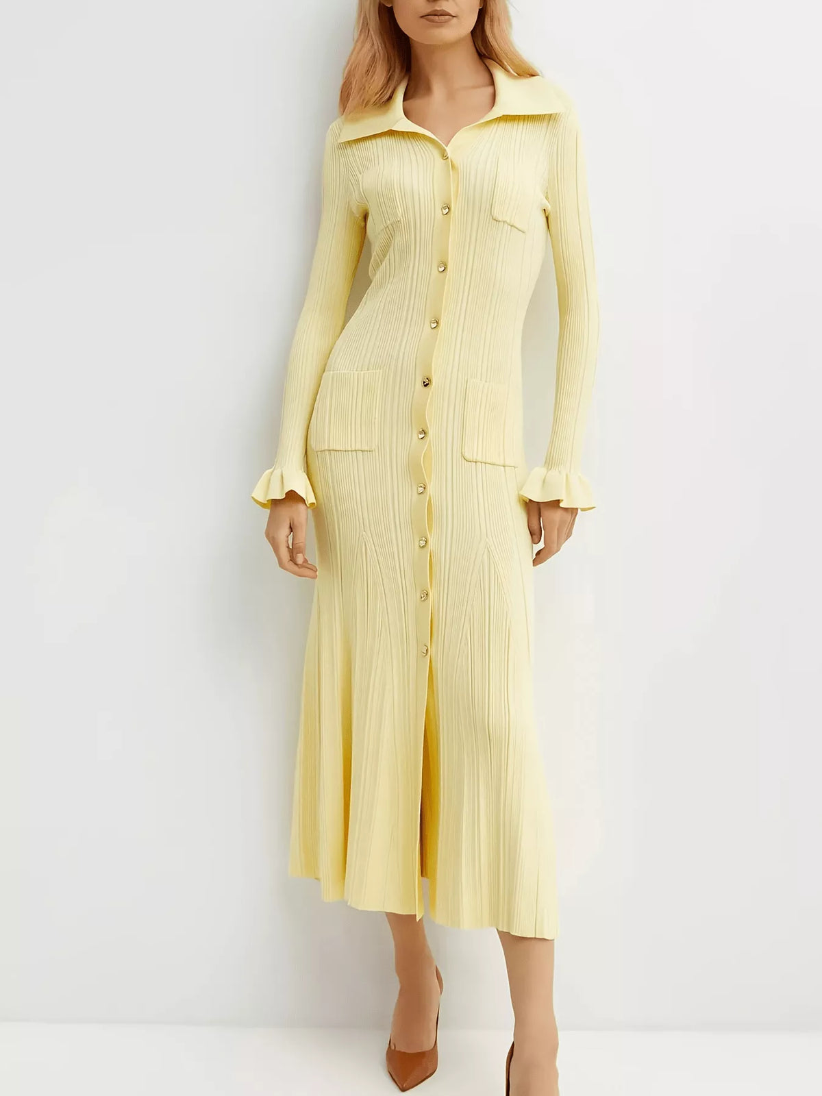 Button-Down Flounce Sleeve Sweater Dress in Pastel Yellow, view 4