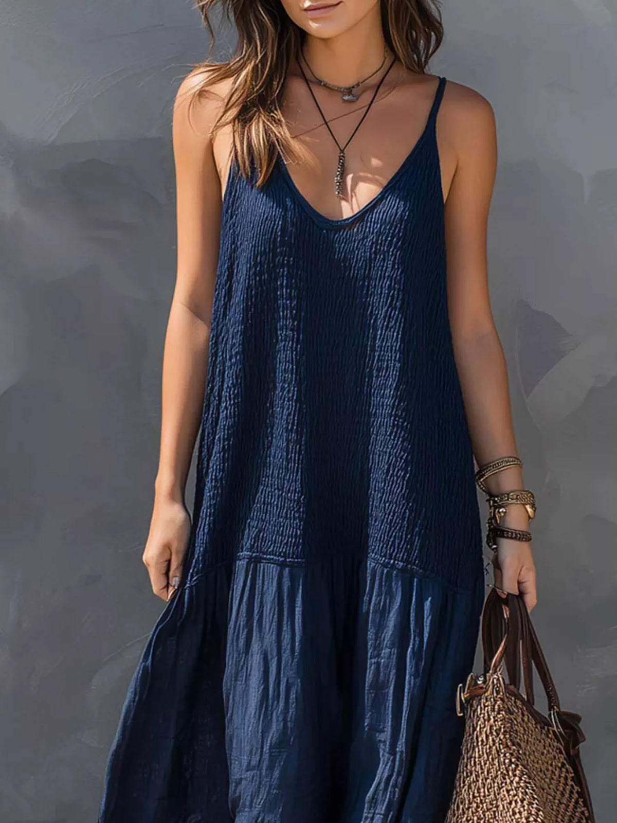 Sleeveless Smocked V-Neck Casual Maxi Dress - Lilixa.store