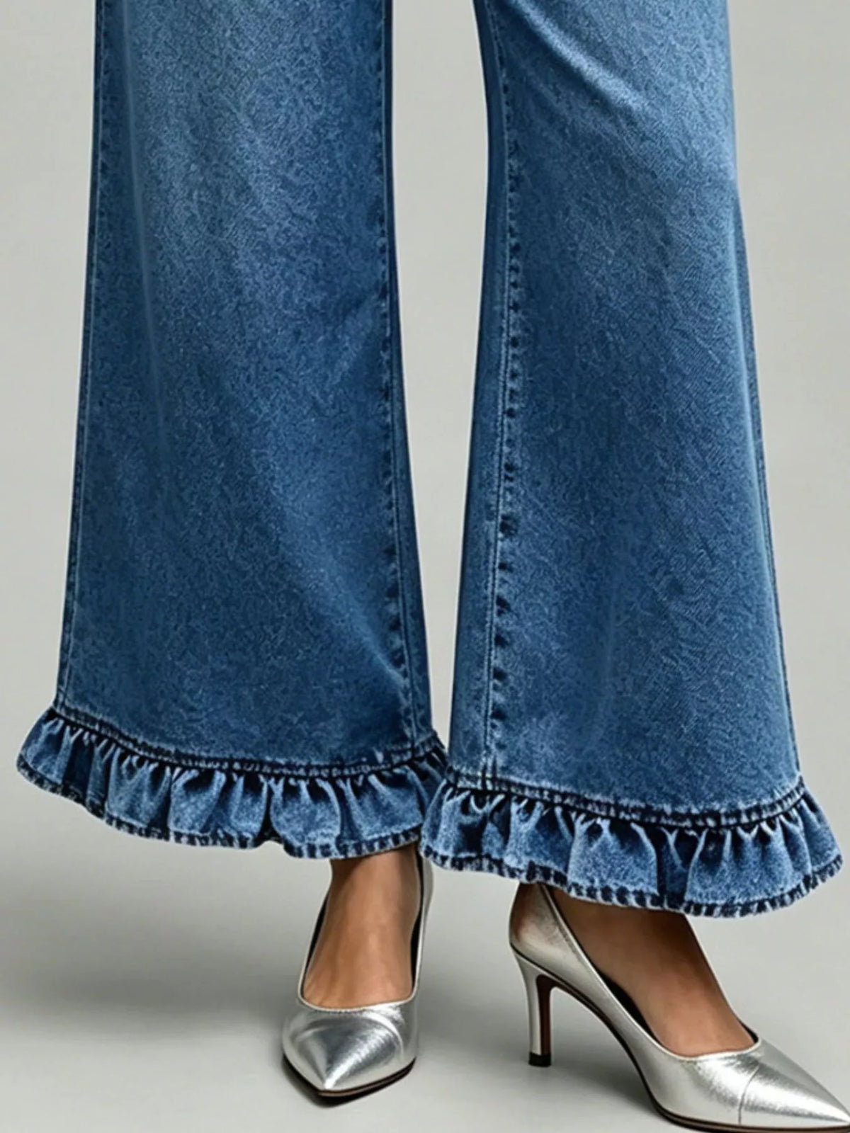 High-Waisted Wide-Leg Ruffle Hem Jeans - Lilixa.store