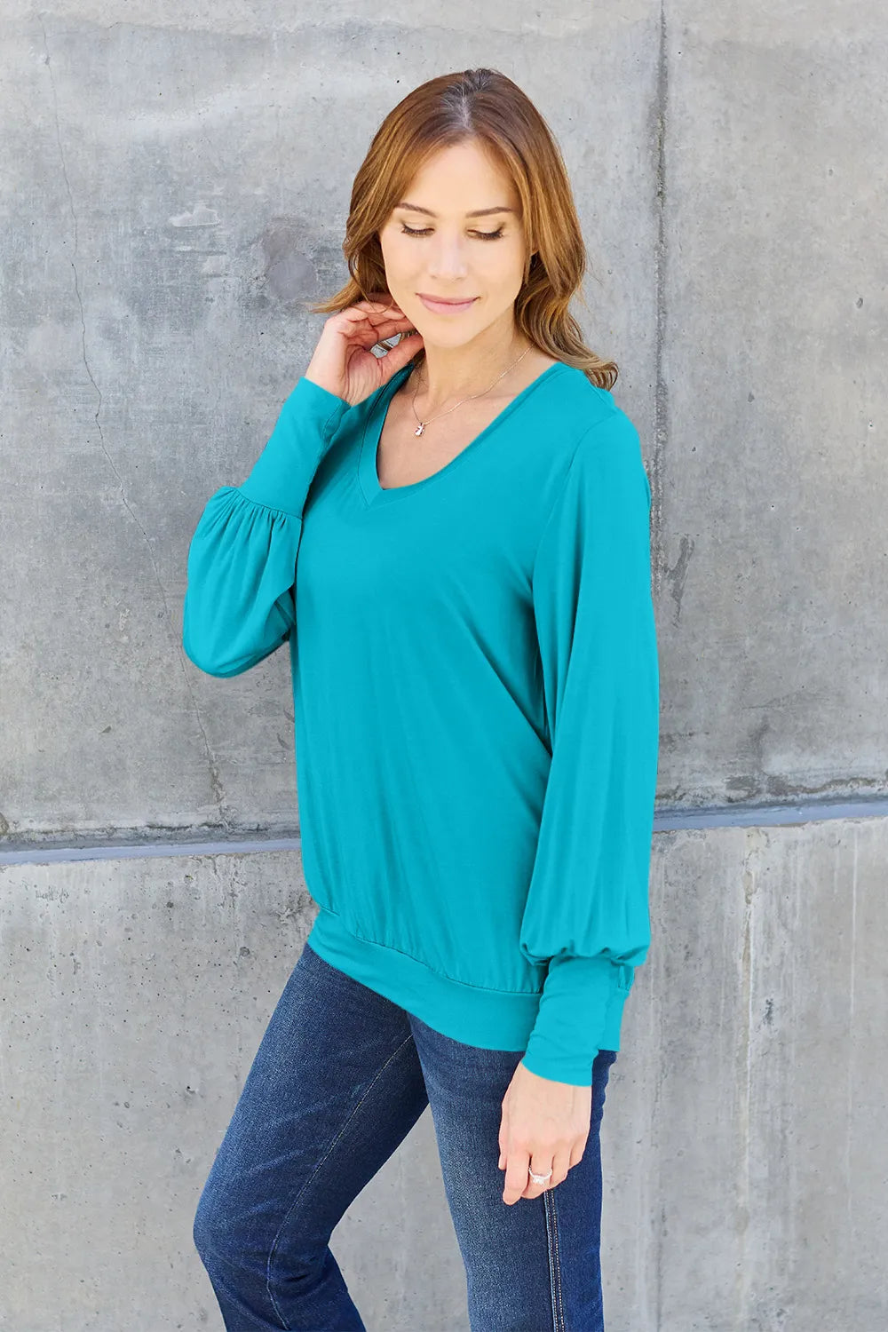 Basic Bae Full Size V-Neck Lantern Sleeve Top - Lilixa.store