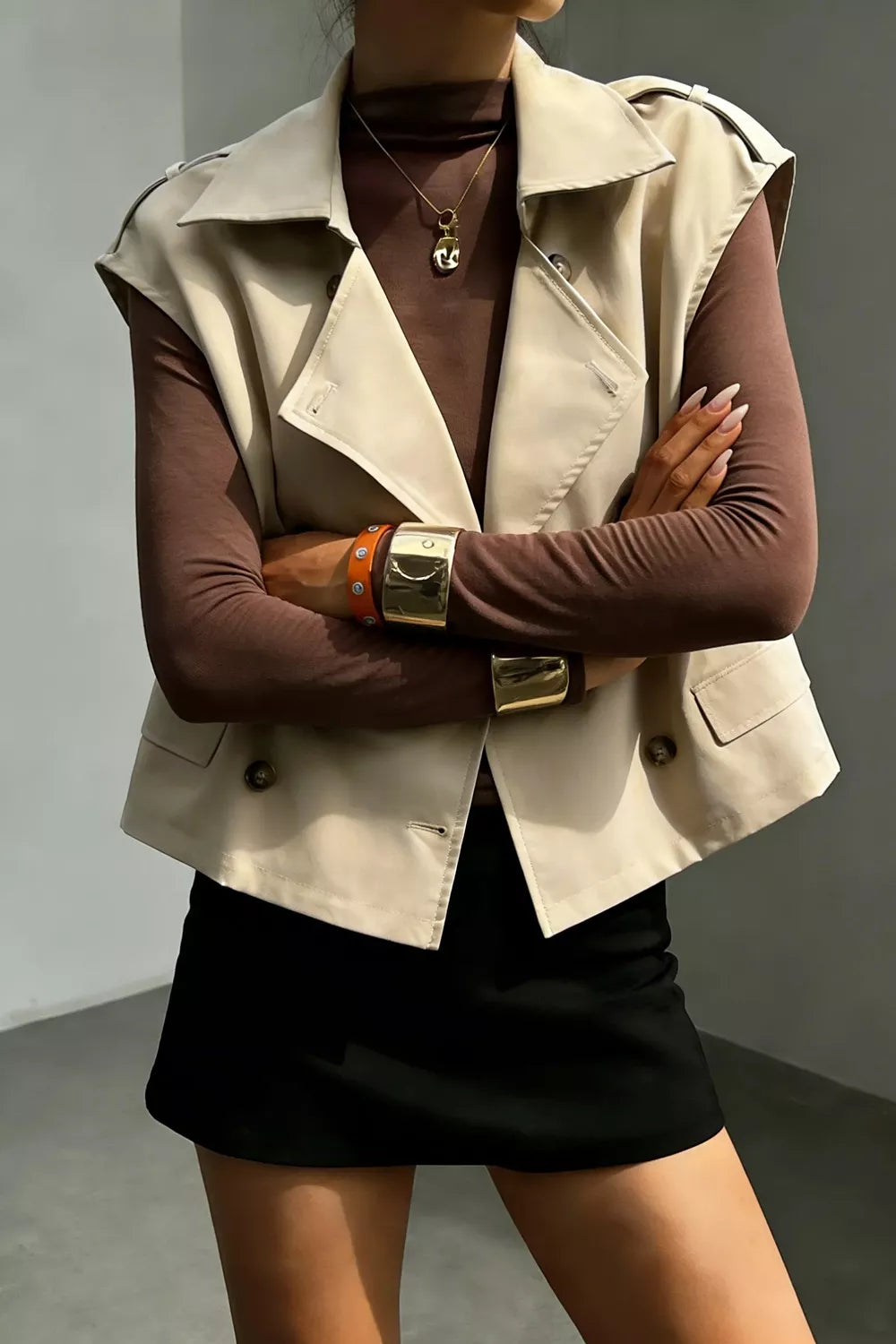 Double-Breasted Cropped Trench Vest Coat - Lilixa.store