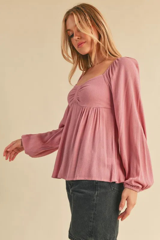 Aemi + Co Ruched Sweetheart Neck Balloon Sleeve Blouse