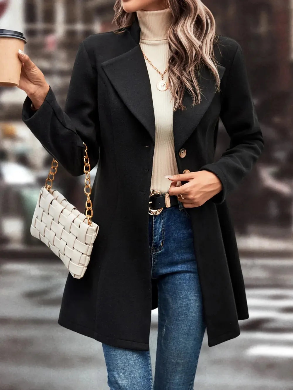 Collared Neck Long Sleeve Longline Coat in Black