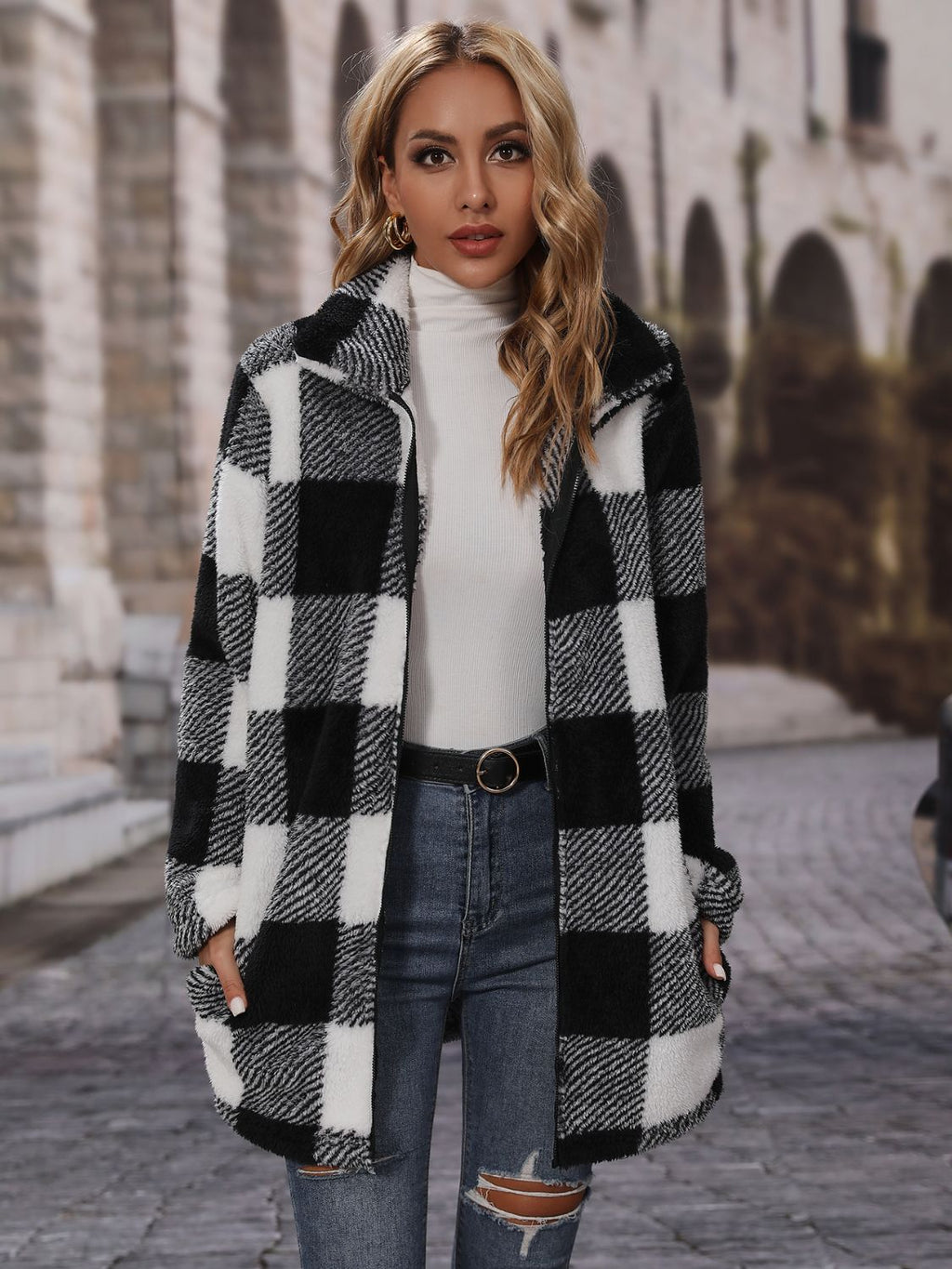 Plaid Collared Neck Coat with Pockets - Lilixa.store