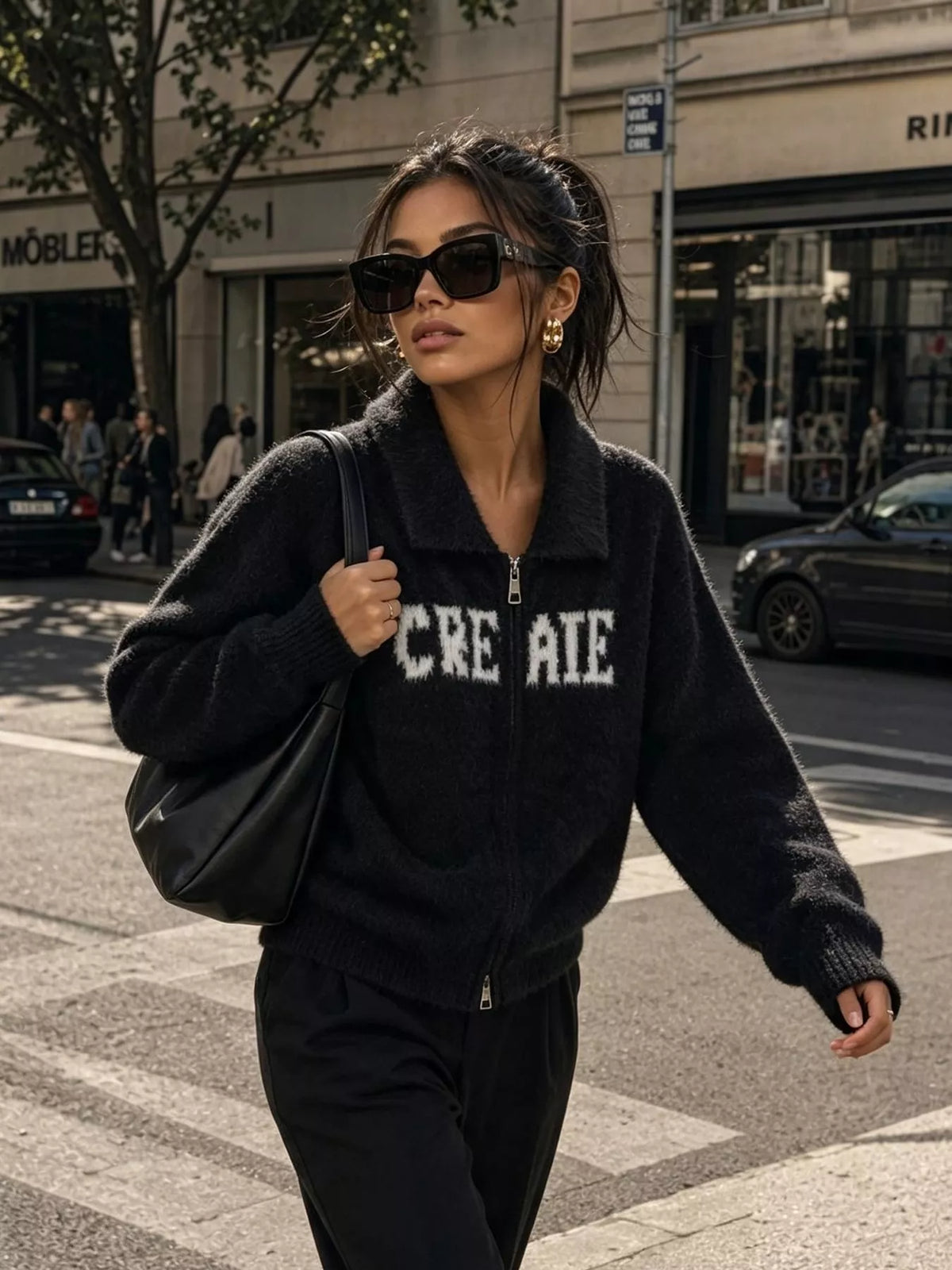 Fuzzy Letter Zip-Up Cardigan, view 8