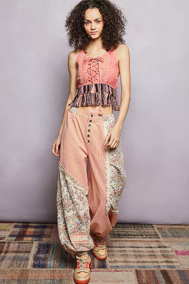 POL Lace-Up Fringe Hem Tank with Lace Detail - Lilixa.store