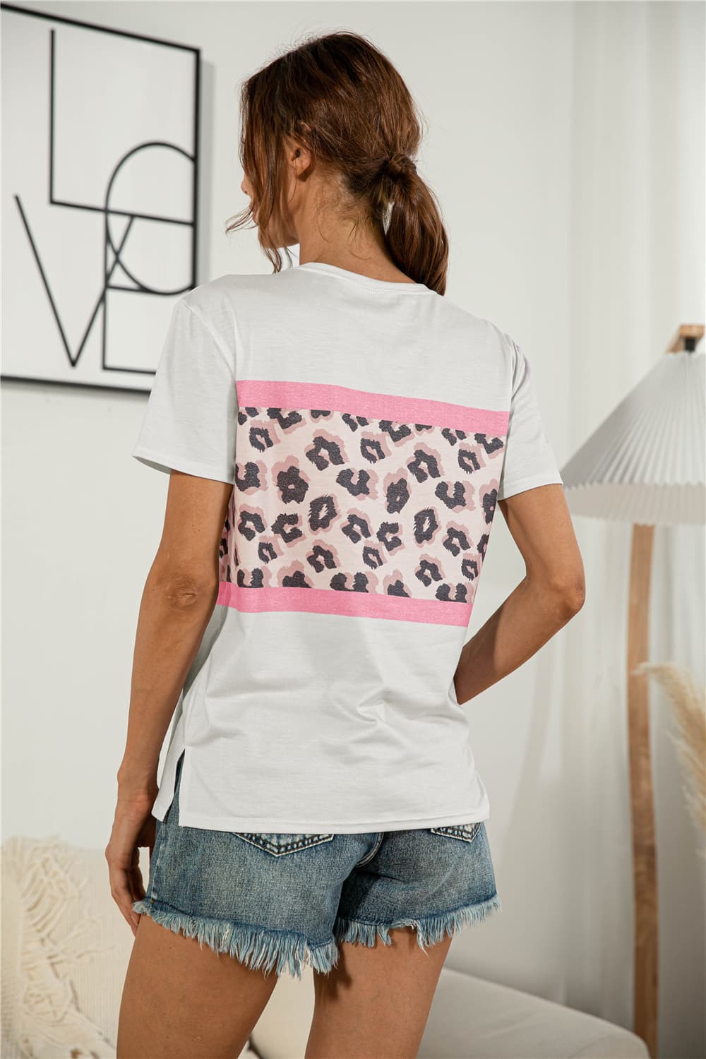 Leopard Color Block Side Slit Tee - Lilixa.store