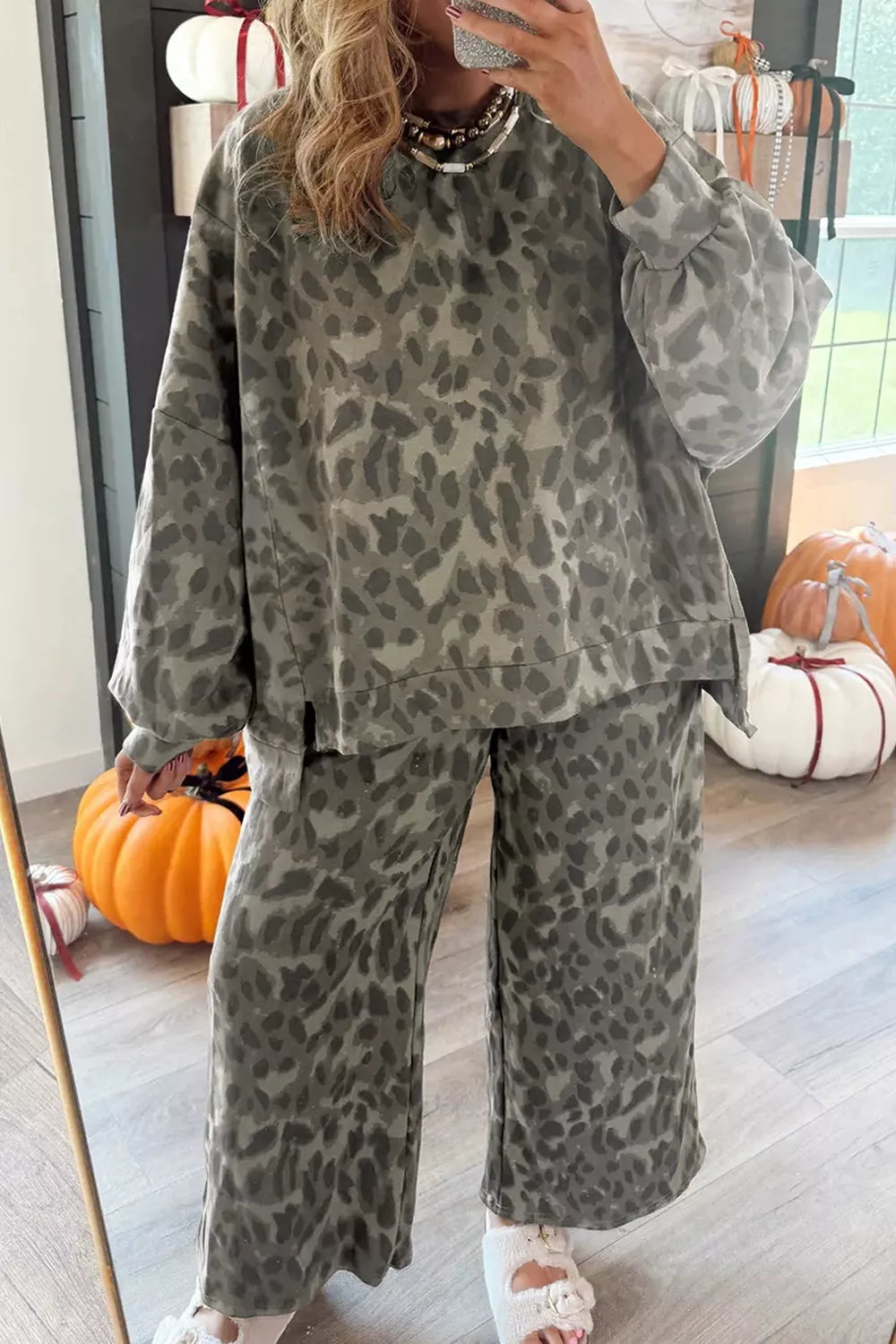 Leopard Print Long Sleeve Top and Pants Set, view 9