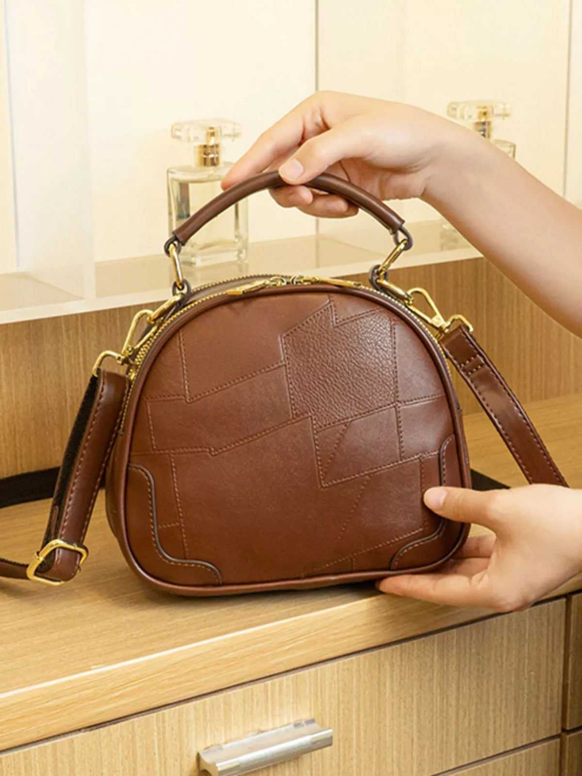 Patchwork Leather Crossbody Bag with Top Handle in Caramel, view 5