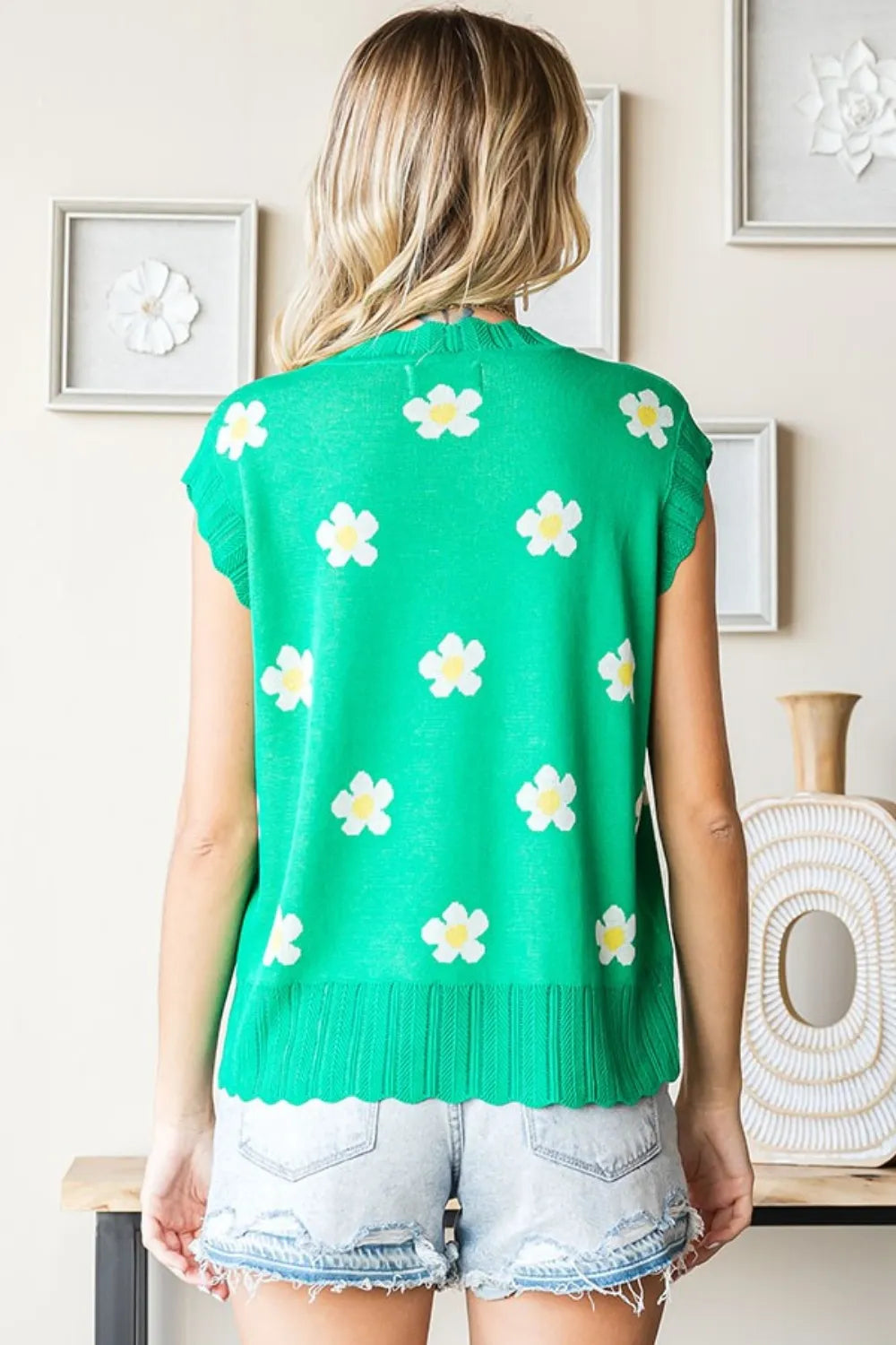 First Love Full Size Flower Pattern Round Neck Sweater Vest - Lilixa.store