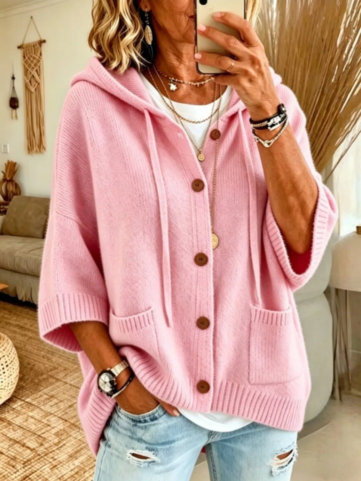 Hooded Button-Down Knit Cardigan - Lilixa.store