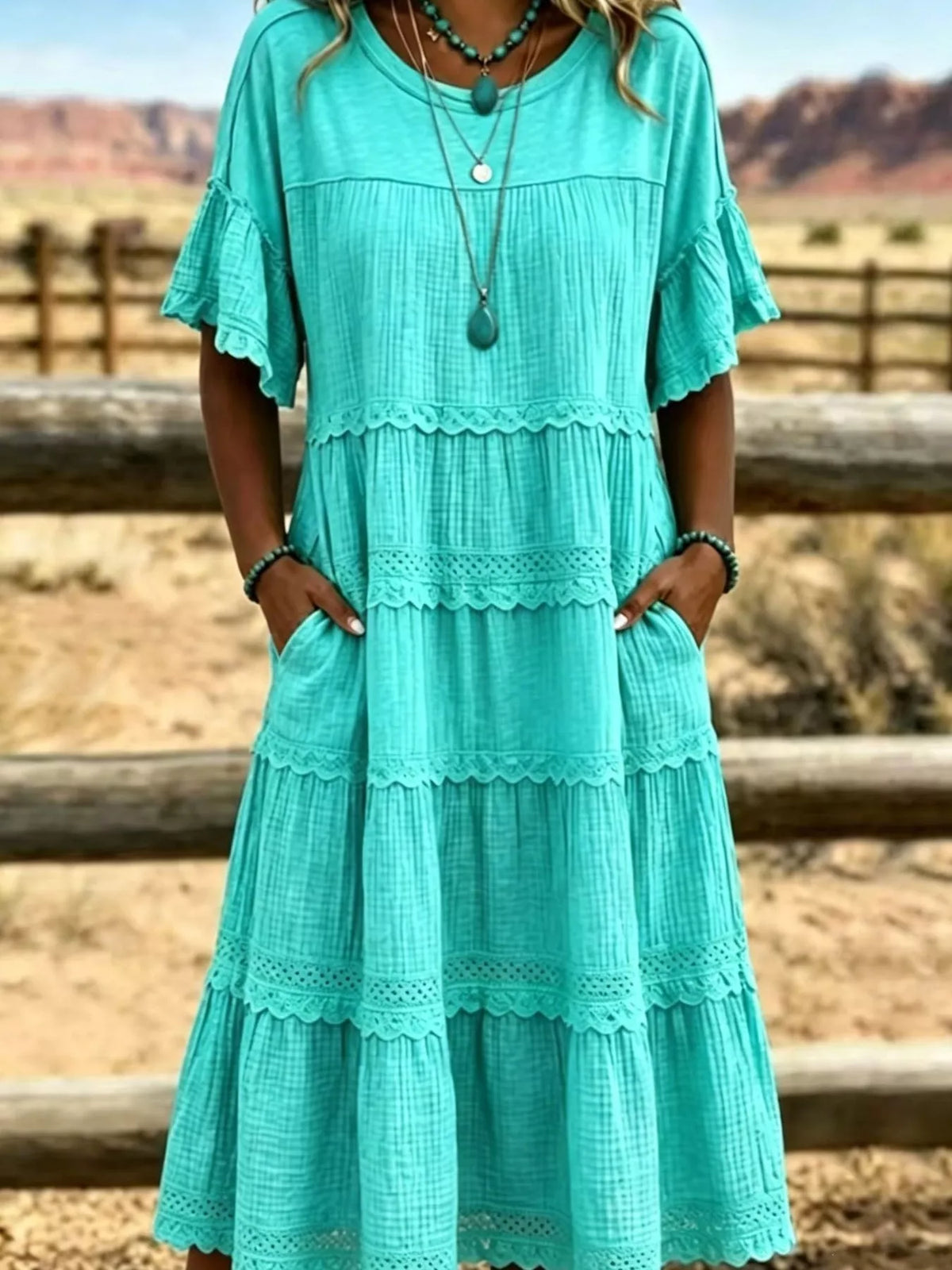 Full Size Tiered Ruffle Sleeve Midi Dress with Pockets Plus Size - Lilixa.store