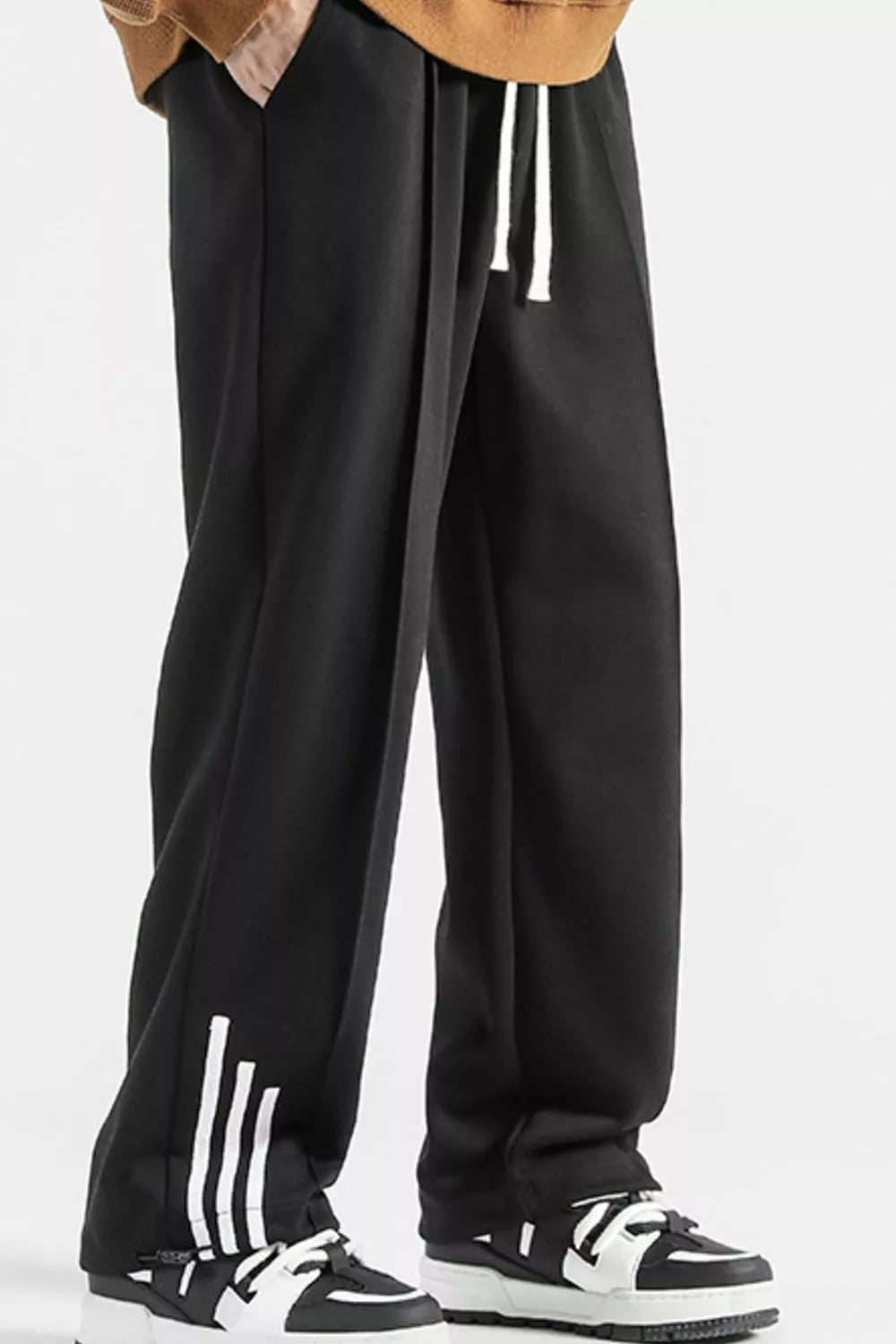 Men's Plus Size Casual Loose Fit Sweatpants with Striped Detail in Black