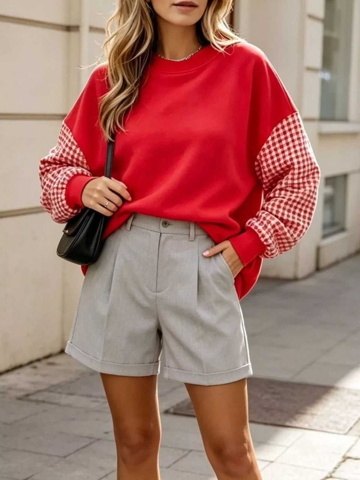 Contrast Gingham Long Sleeve Sweatshirt - Lilixa.store