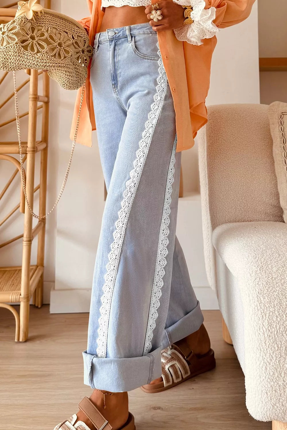 Light Wash Lace Trim Wide Leg Jeans - Lilixa.store