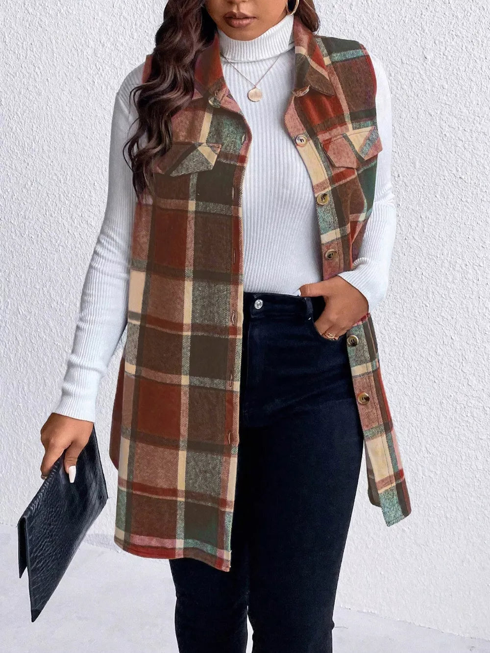 Honey Plus Size Pocketed Plaid Button Up Vest Coat in Brown