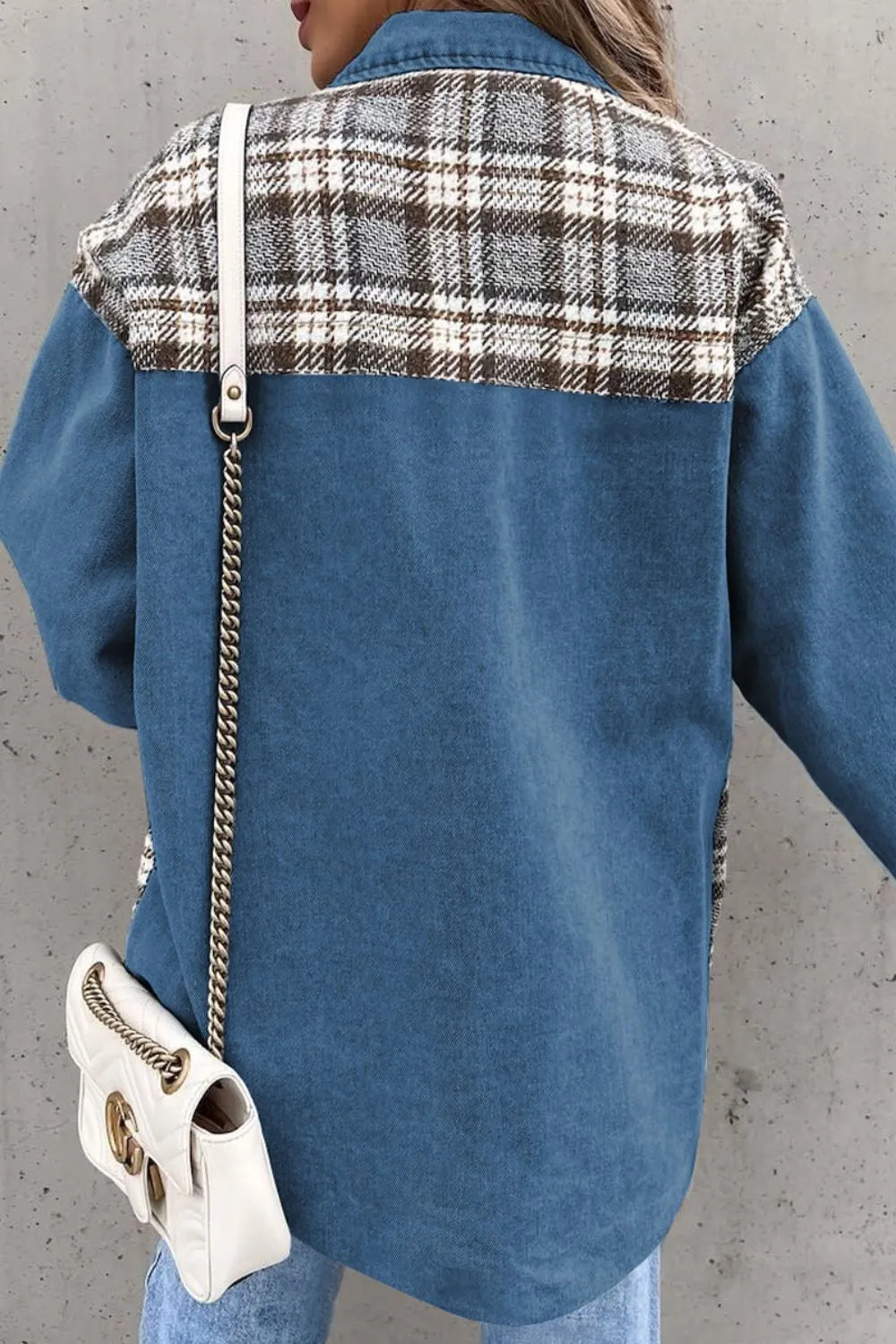 Plaid Pocketed Button Up Denim Jacket - Lilixa.store