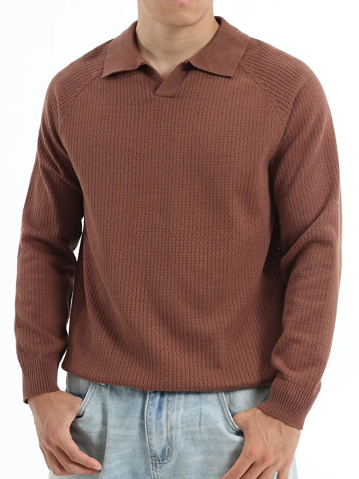 Men's Plus Size Textured Polo Collar Knit Top