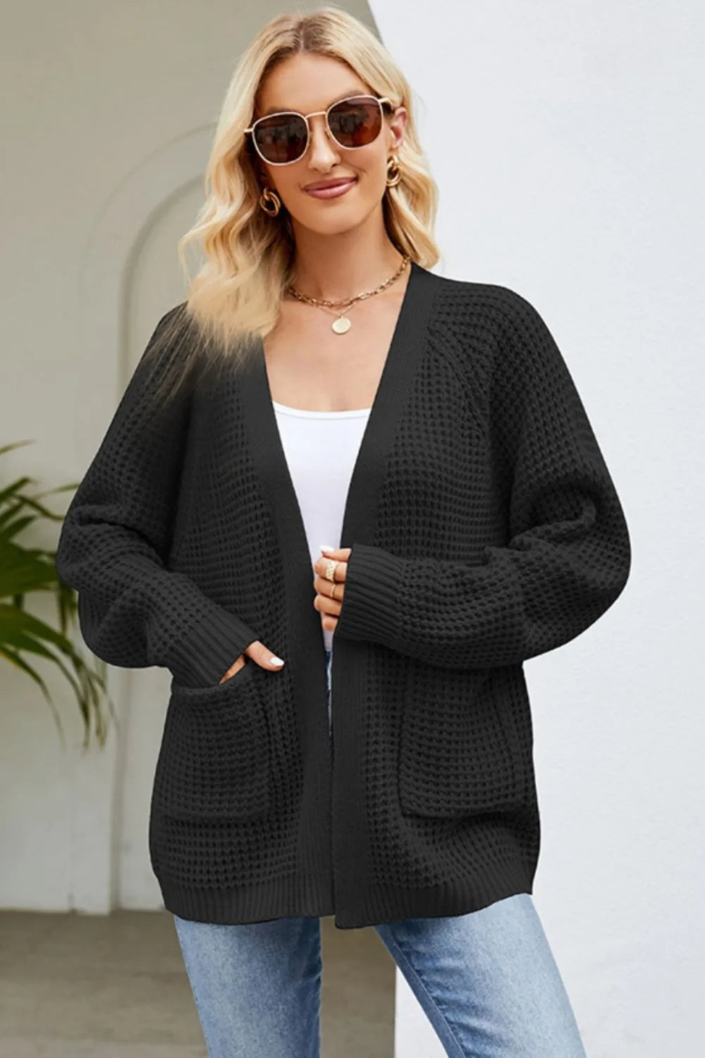 Open Front Raglan Sleeve Pocketed Cardigan - Lilixa.store