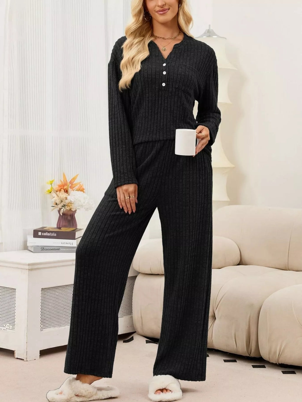 Ribbed Knit Top and Wide-Leg Pants Set - Lilixa.store