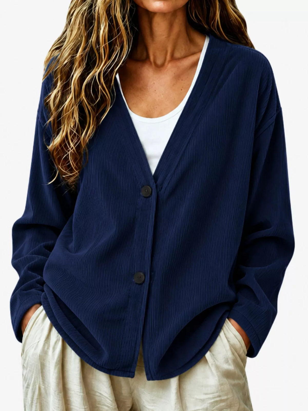 Casual Corduroy Button-Up Cardigan in Dark Blue