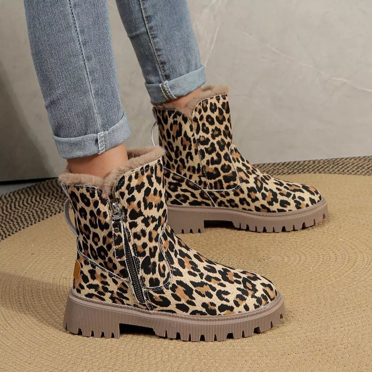 Leopard Print Fur Lined Ankle Boots, view 3