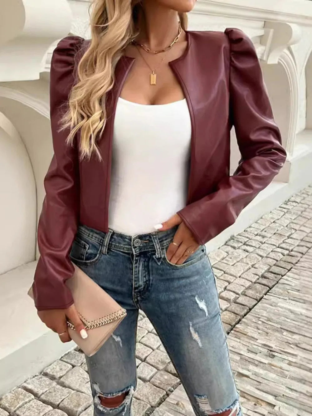 PU Leather Open Front Puff Sleeve Jacket, view 7