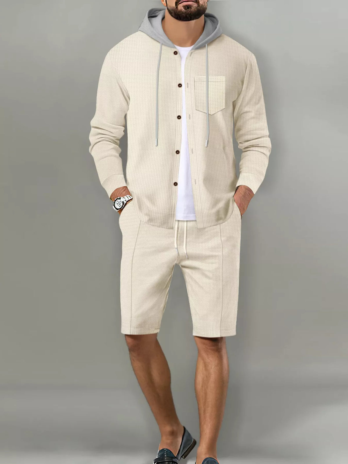 Men's Full Size Casual Hooded Button-Up Top and Shorts Set Plus Size - Lilixa.store