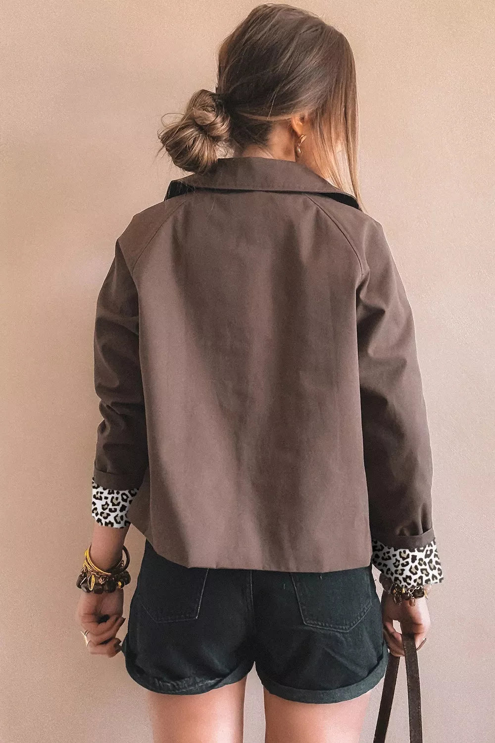 Button Up Raglan Sleeve Shacket in Coffee Brown, view 2