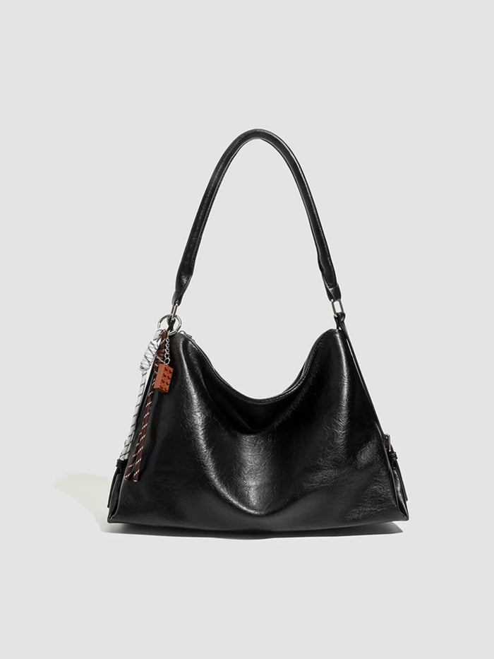 PU Leather Shoulder Bag with Decorative Charm in Black