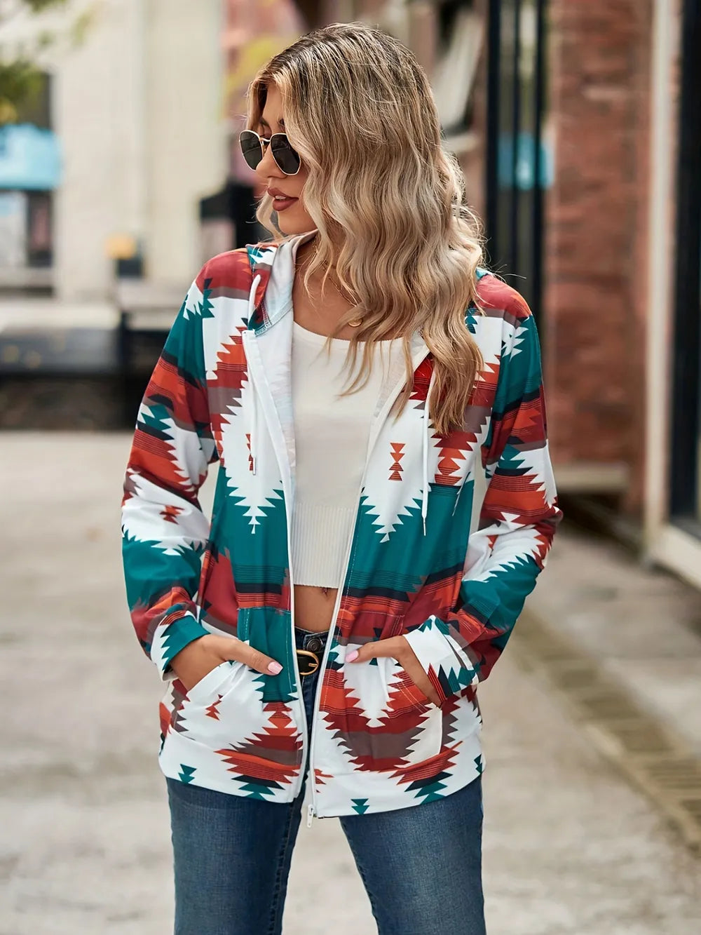 Geometric Zip Up Long Sleeve Hooded Jacket in French Blue