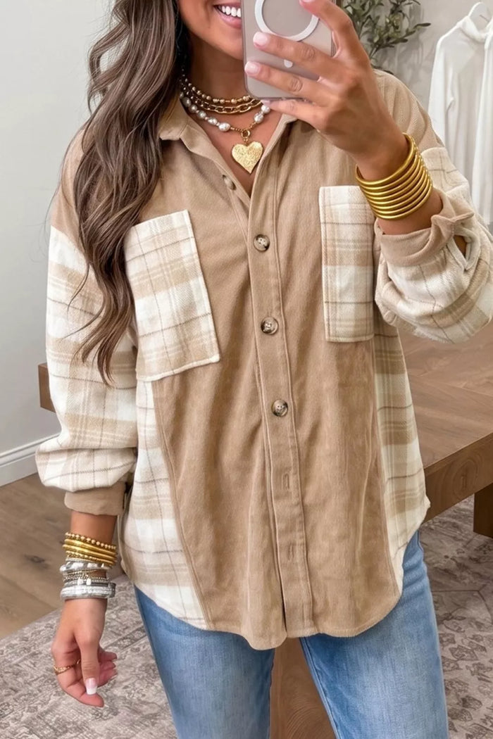 Plaid Colorblock Shirt Collar Shift Shacket in Camel