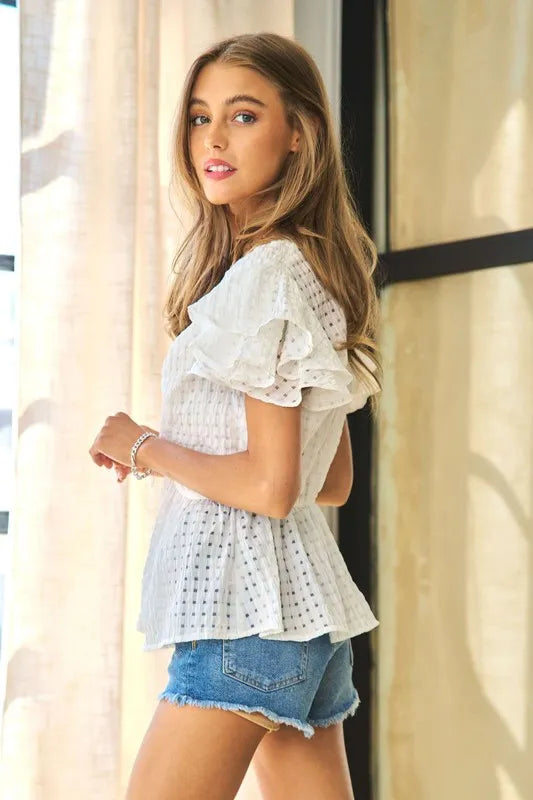 Davi & Dani Shirring V-Neck Ruffle Gingham Plaid Printed Top - Lilixa.store