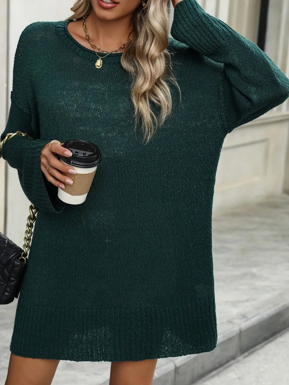 Round Neck Dropped Shoulder Sweater - Lilixa.store