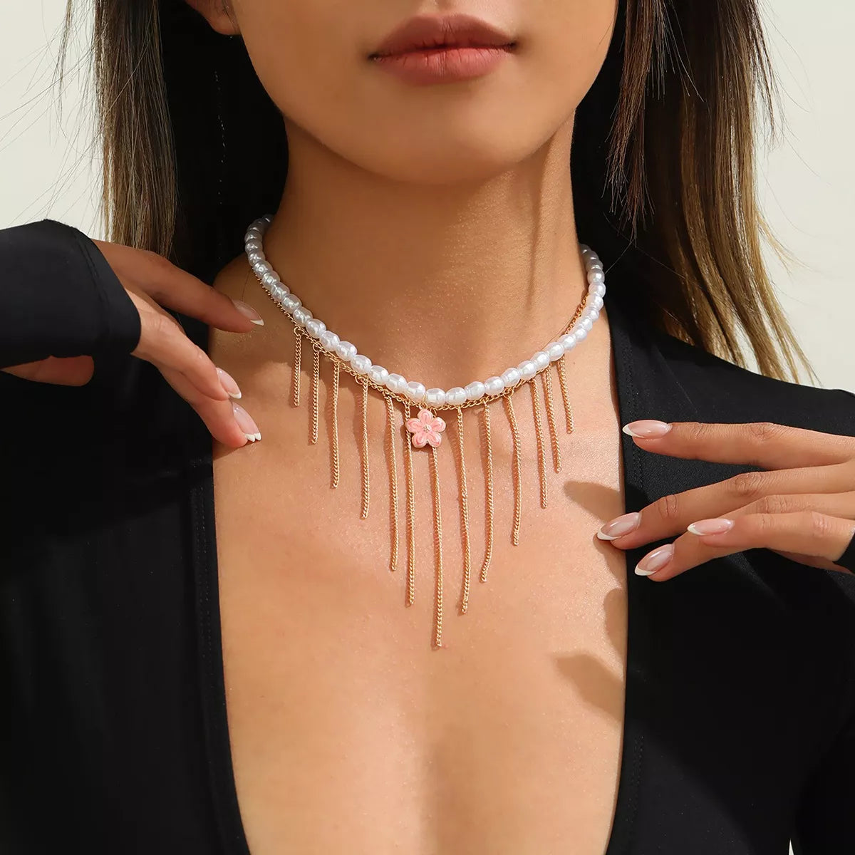 Elegant Pearl Choker Necklace with Flower Charm and Tassel Dangles - Lilixa.store